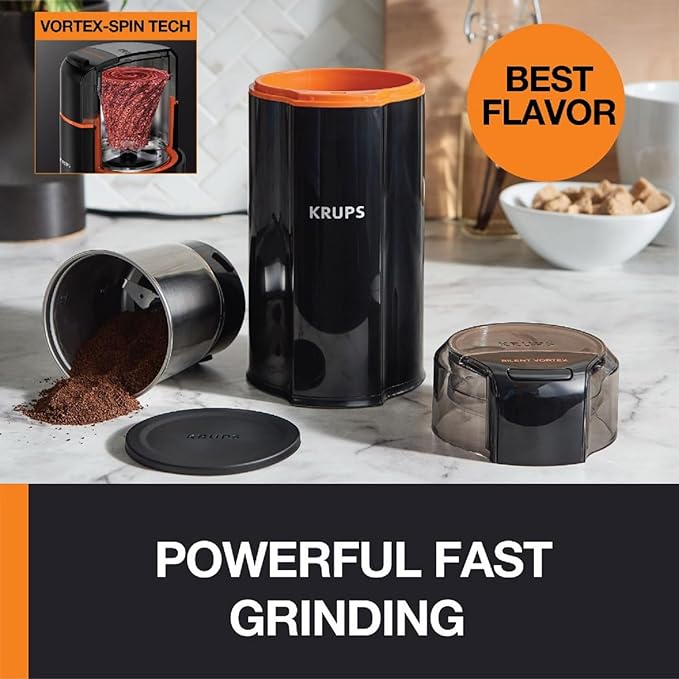KRUPS Silent Vortex Electric Coffee Grinder: 3 oz Capacity, 5x Quieter, 175W Motor for Coffee Beans, Spices & Herbs - Removable Dishwasher-Safe Bowl, 12-Cup Yield, Black (Pack of 2)