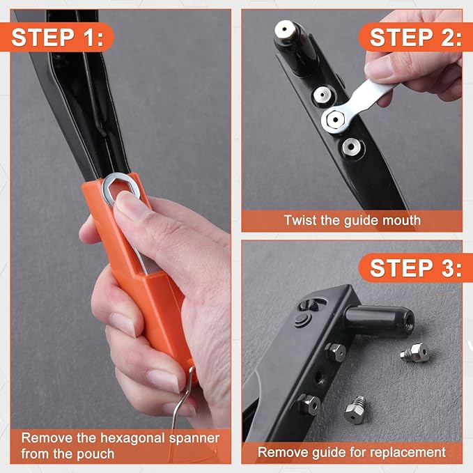 4-in-1 Heavy Duty Hand Riveter Rivet Gun Pop Rivet Tool Kit with 100 Rivets 3/32-inch, 1/8-inch, 5/32-inch, 3/16-inch,4 Interchangeable Nosepieces for Metal,Plastic,Wood and Leather