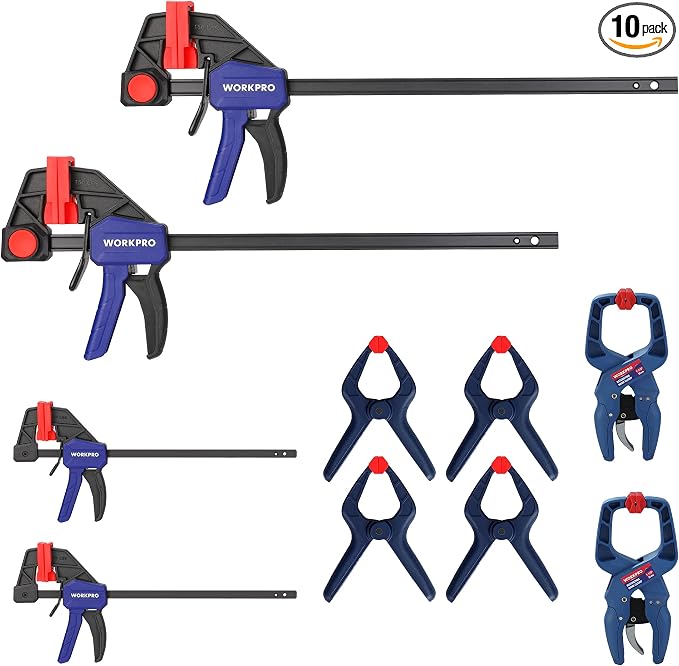WORKPRO 10-Pack Clamps for Woodworking, 12" & 6" Bar Clamps, 2 Quick-Release Ratcheting Wood Clamps and 4 Spring Clamps, Light Duty F Clamps/Spreader 150 LBS Load Limit