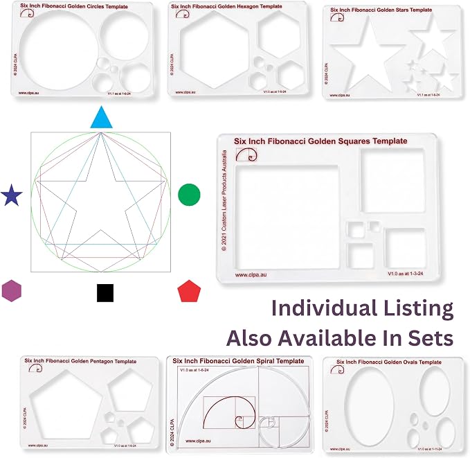 Fibonacci 5" Square Drawing Template, Golden Ratio Stencil | Australian Designed and Made; Geometric Stencil for Art; Drafting and Quilting; PETG