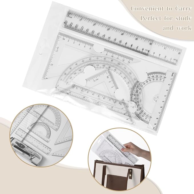 1 Set Plastic Geometry Math Set, Measuring Tool Includes Clear Ruler 12 Inch 6 Inch 6 and 3.8 Inches Protractor 45/60 Degree Triangle Rulers Compass for Office Drawing Drafting Engineering