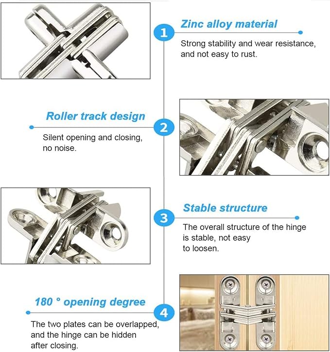 2 Pack 2.36 in Hidden Hinge Invisible Concealed Cross Hinges 180 Degree Folding Door Cross Zinc Alloy Hidden Hinges Swing Invisible Hinge for Cabinet, Cupboard,Wooden Box,with Screws-S5