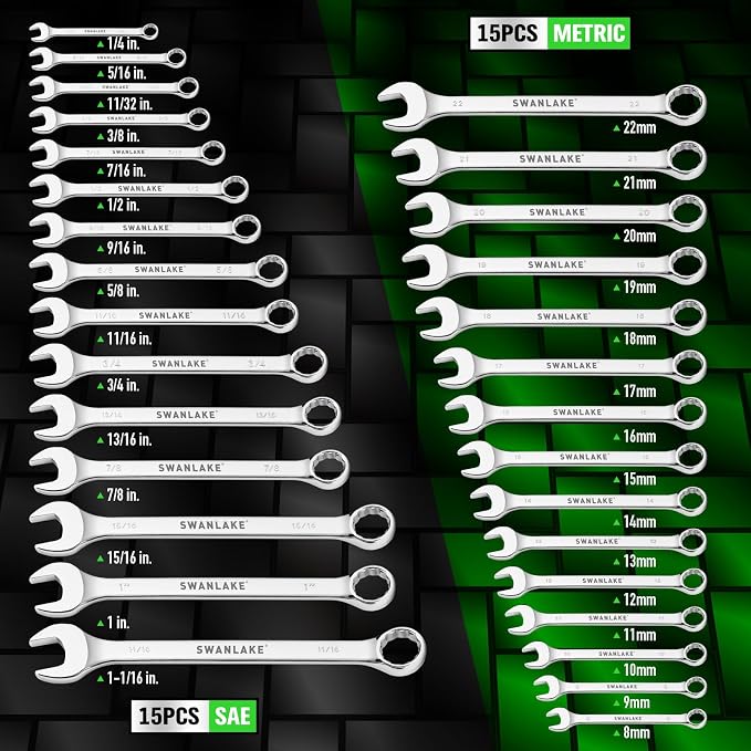 SWANLAKE 30-Piece Combination Wrench Set, Metric & SAE (8-22mm & 1/4” to 1-1/16”),12-Point Open End Standard Wrench Set, Mechanics Wrenches Sets, Chrome Vanadium Steel with Storage Rack