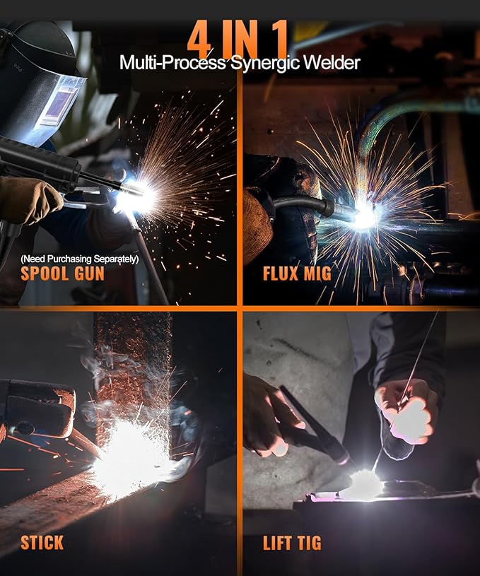 HITBOX 140A MIG Welder 110V/220V, Flux Core Welder/Stick ARC/Lift Tig/Spool Gun 4 in 1 Gasless Mig Welding Machine with LCD Display Synergy Dual Voltage IGBT Inverter Welder (HIM200)