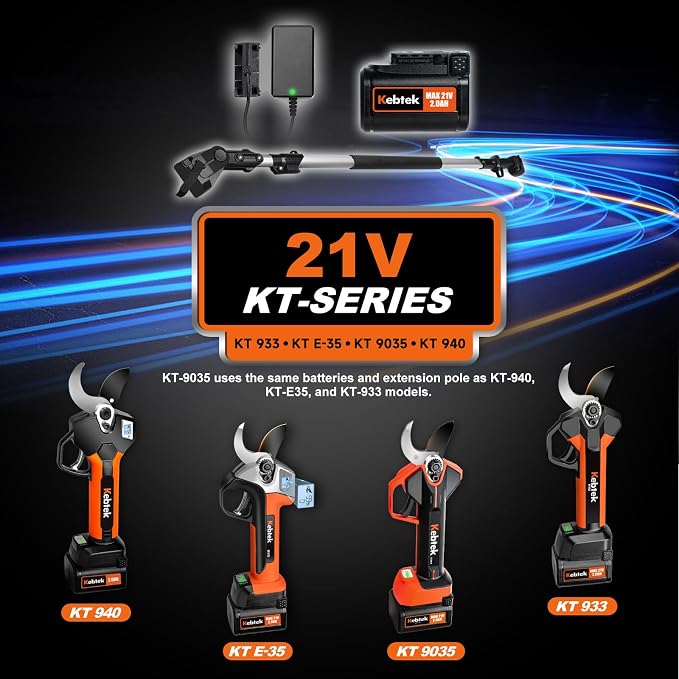 Kebtek 2-in-1 Battery Powered Pole Pruner, Electric Pruning Shears Cordless 1.4" (35mm) Cutting Diameter Electric Tree Pruner with 8.5Ft Telescopic Extension Pole, 2×2.0Ah Battery for Tree Trimming