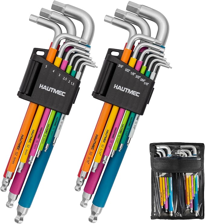 HAUTMEC Allen Wrenches Sets with Ball End(SAE & Metric), 18PCS Extra Long Arm Hex Key Set, Heavy-Duty S2 Steel Pro Allen Key Set, 1/16" to 3/8" and 1.5-10mm, Color Coded Sleeve with Belt Loop Pouch
