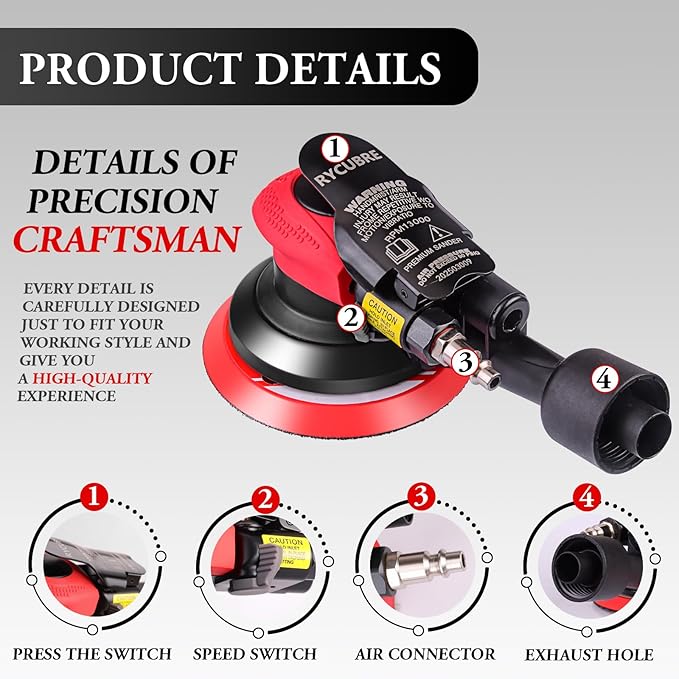 Air Sander with Vacuum 5 Inch da Palm Sander for auto body, High-Speed Random Orbital Pneumatic Sander for Woodworking & Auto Polishing (including 12 sandpaper + accessories)