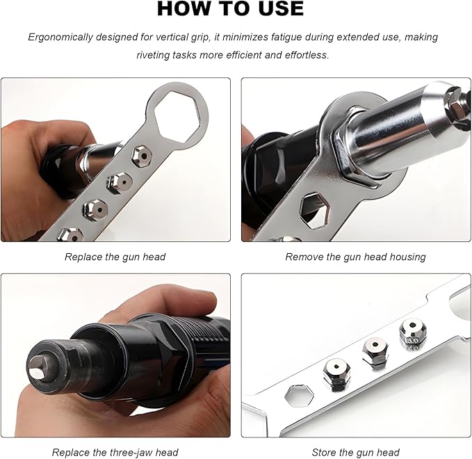 Rivet Gun Adapter Kit, Riveting Drill Attachment with 2.4mm/3.2mm/4.0mm/4.8mm Rivets Heads, Cordless Rivet Gun Power Drill Adapter Kit for Automotive Home Pop Riveting Work