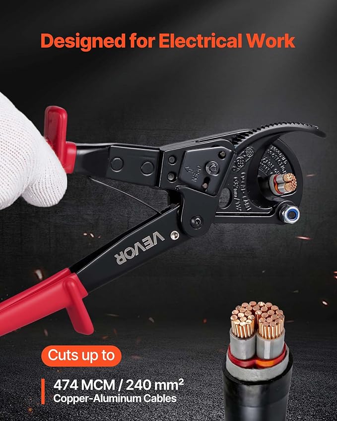 VEVOR Ratcheting Cable Cutter, Spring Steel Blades with PVC-Coated Handles, Quick-Release Button, Heavy Duty Ratchet Cable Wire Cutter for Cutting Copper & Aluminum Cables Up to 474 MCM / 240 mm²