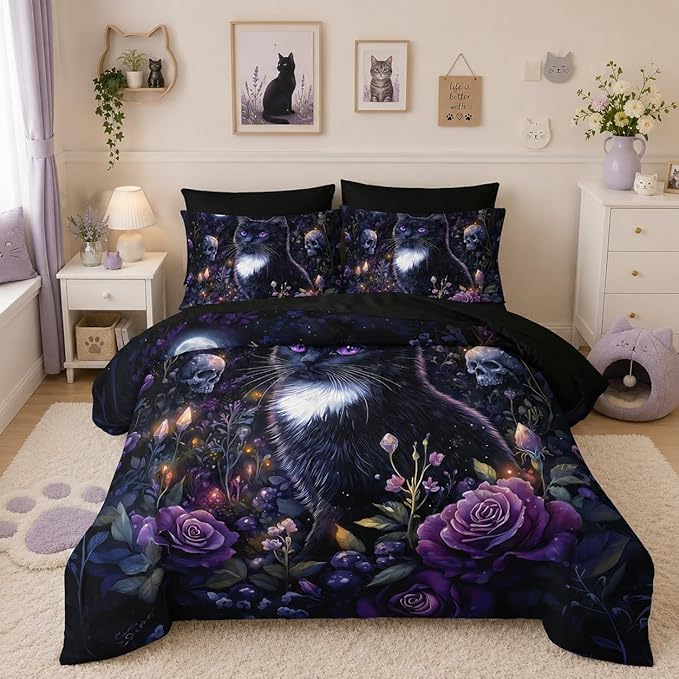 Cute Cat Comforter Set for Kids Toddlers Teens Adults,Floral Plant Skull Printed King Size Bedding Set 7 Pieces,Animal Themed Bedding with Comforter,Fitted Sheet,Flat Sheet,Pillowcases.