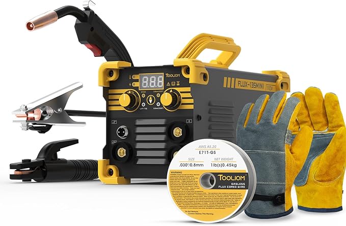 TOOLIOM 135A Mini MIG Welder Flux Core 110V MIG Welder Gasless Flux MIG/Lift TIG/Stick 3 in 1 Welding Machine Portable
