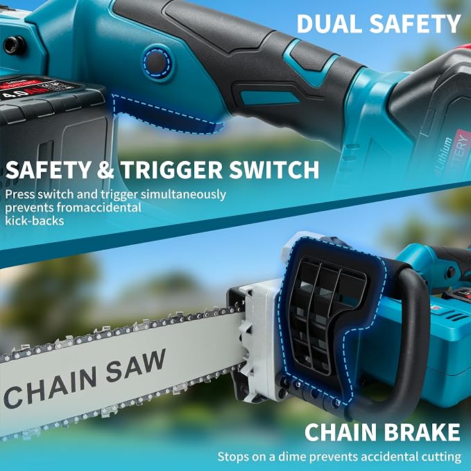 16" Brushless Chainsaw, 21V Cordless Chainsaw with 4 x 4.0Ah Battery, Electric Motosierra De Gasolina with 2 x Chains & Guide Plate, Eléctrica Rechargeable Saw for Wood Cutting Trimming Branch (Blue)