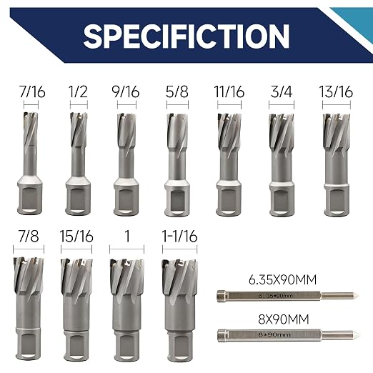 Pro Edge 11pcs TCT Annular Cutter Set, 1-3/8" Cutting Depth, 7/16" to 1-1/16" Cutting Diameter, Carbide Mag Drill Bits for Magnetic Drill Press with 2 Pilot Pin for Steel, Aluminum, Copper