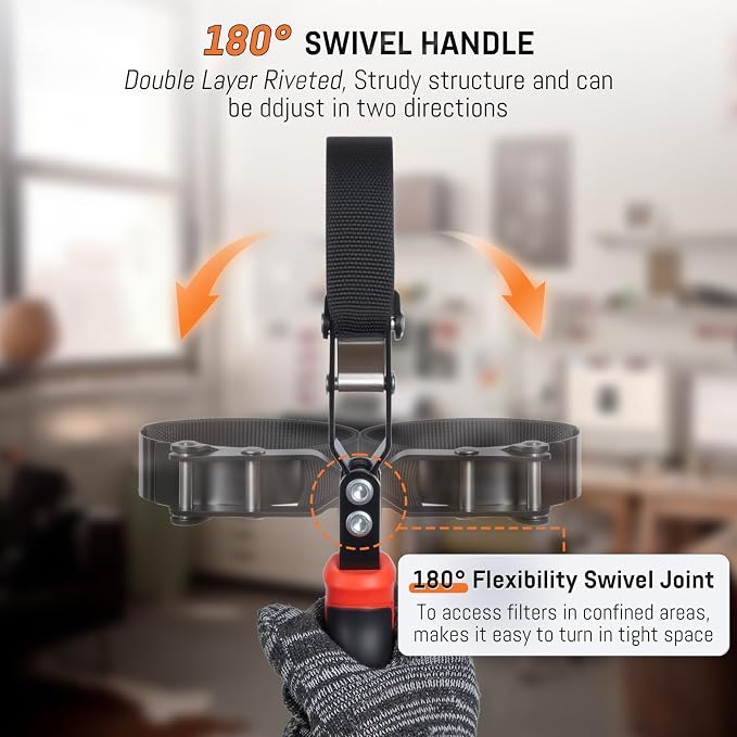 Small Oil Filter Wrench, Oil Filter Removal Tool Fits Filters 2-3/4" to 3-1/4", with Nylon Anti-Slip Strap & 180° Swivel Head, Steel Band Filter Wrench for Compact Car Motorcycle Oil Change