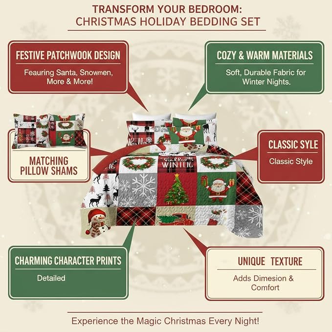 Merry Christmas Patchwork Quilt Set King- Santa Claus Snowman Tree Snowflakes Checkered Printed Holiday Bedding Set - Soft Microfiber Lightweight Comforter Coverlet Bedspread(Car, King(90"x104"))