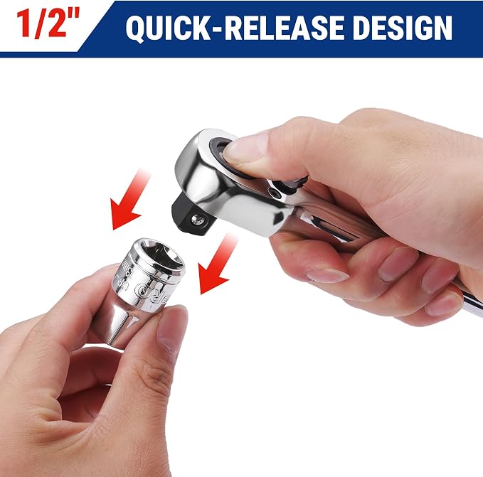 WORKPRO 1/2-Inch Drive Low-Profile Ratchet, 90-Tooth Ratchet Wrench | Quick-Release Socket Wrench for Men Women, Reversible, 4° Swing, CR-MO Compact Drive Head, Full Polished
