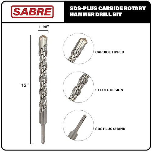 1-1/8 Inch x 12 Inch SDS Plus Rotary Hammer Drill Bit, Carbide Tipped for Brick, Stone, and Concrete Version 2 (1-1/8" x 10" x 12")
