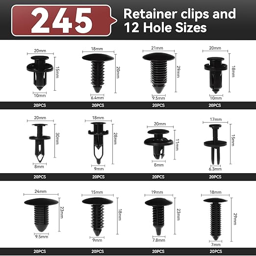 245Pcs Car Retainer Clips & Tools All-in-One Kit - 240 Black Push Pins (12 Sizes) with 5 Orange Pry Bars Stored Inside Box. Portable Bumper Fender Fastener Set for GM Ford (245Pcs)