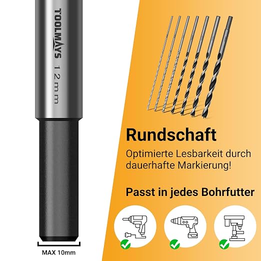 Extra Long 230mm Brad Point Wood Drill Bit Set Metric - 7 Pack Carpenters Quality - Drill Splinter-Free Perfectly Round Holes in All Types of Wood (4mm, 5mm, 6mm, 7mm, 8mm, 10mm, 12mm)