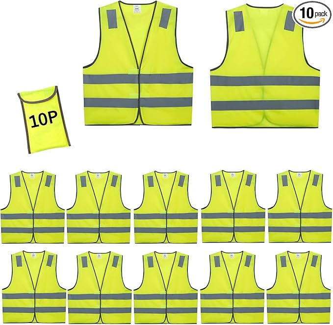 Safety Vests 10 Pack - Yellow Reflective High Visibility Construction ANSI Class 2 Work Vest for Men,Woman,Hi Vis Vest Mesh and Neon Silver Strip