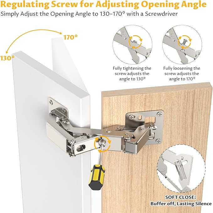 Chibery 10 Pack 170 Degree Soft Close Cabinet Hinges, Slow Smooth Hidden Frameless Hinge, Concealed Hardware Surface Mount Easy Installation, Lid Support Trap Door, Self Closing for Kitchen Cupboard