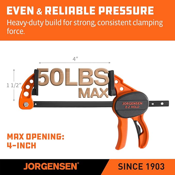 Jorgensen E-Z Hold Clamps 4 Inch Bar Clamps 2 Pack, One Hand Clamp Quick Grip, Mini Bar Clamps for Woodworking, Bar Clamps for Woodworking, Hobby Craft Woodworking Clamps