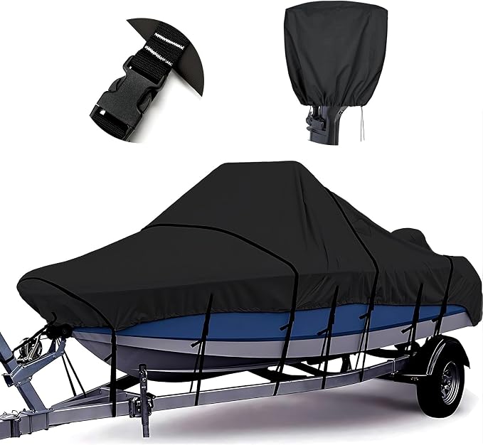 1200D Center Console Boat Cover with Motor Cove,17' - 19' L | 100% Waterproof Tear-Proof Trailerable Boat Cover with 13-19 Windproof Adjustable Straps