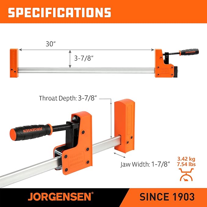 Jorgensen 30-inch Bar Clamps Set, 2-pack 90° Parallel Clamps Cabinet Master, Steel Jaw Bar Clamp for Woodworking, 1500 lbs load Limited