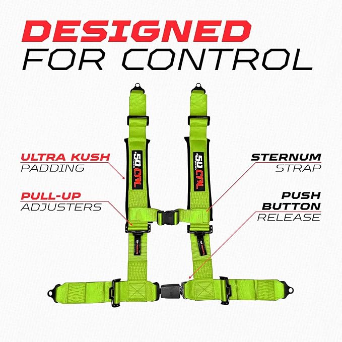 1pc 50 Cal Fluorescent Green 4 Point Harness 3", Racing Harness Seat Belt | Ultra Kush padding, Push Button quick release hardware. Universal Fit for UTV, RZR, race car.