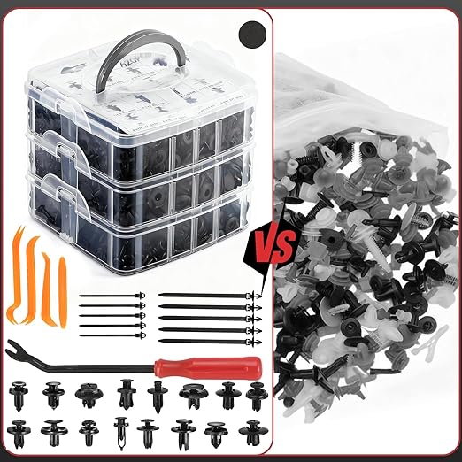 620PCS Auto Retainer Clips Kit with Trim Removal Tools and 3-Layer Organizer Box, 16 Sizes Black Push Type Rivets Fasteners for Car Bumper, Fender, Door Panel and Interior Repair