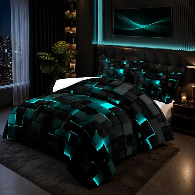Geometric Turquoise Black Comforter Set,Light Honeycomb 3 Piece Bedding Set King Size for Teen Boys,Modern Quilt Set Geometry Decor,Microfiber Lightweight 1 Comforter 2 Pillowcases All Season