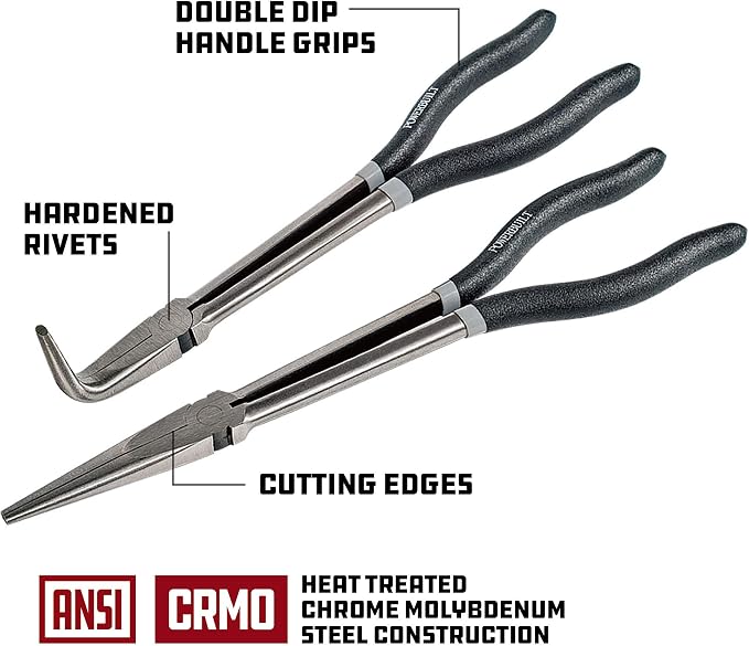 Powerbuilt 4-Piece Pro Tech 11-Inch Long Reach Pliers Set – Long Nose, 45° & 90° Bent Nose, Hose Clamp Pliers, CrMo Steel, Double-Dip Comfort Handles, EVA Tray – 949024