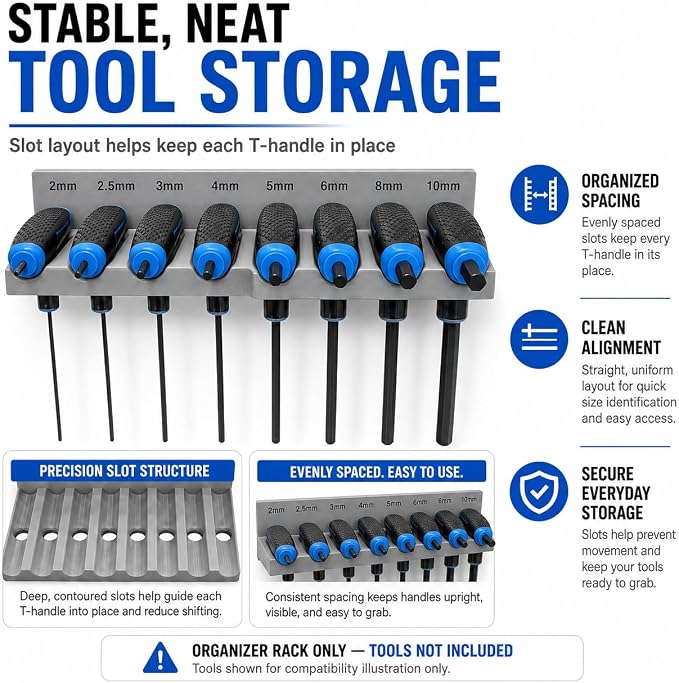 Magnetic T-Handle Hex Key Organizer Rack – Tool Holder for Harbor Freight ICON Style T Handle Wrenches – sae/metric/torx Storage Options (metric)