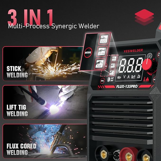 YESWELDER FLUX-135PRO Flux Core MIG Welder & Lift TIG Torch, 135Amp 110V Flux Core Gasless MIG/Lift TIG/Stick 3-in-1 Digital Display Welding Machine with 10-25 Lift TIG Gun