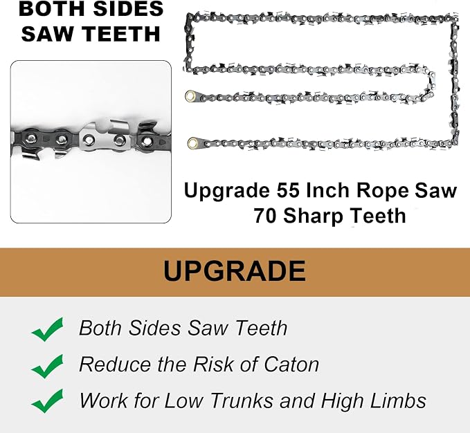 Rope Saw for Tree Limbs, 55 Inch Rope Chain Saw with 70 Sharp Teeth ＆ 46 Feet Ropes Kit, Rope Saw Tree Saw High Limb Rope Chainsaw, Pocket Chainsaw