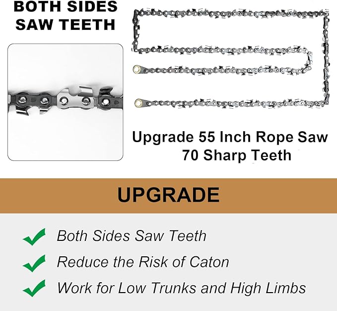 Rope Saw for Tree Limbs, 55 Inch Chain Saw with 70 Sharp Teeth & 46 Feet Ropes Kit, High Limb Pocket Chainsaw