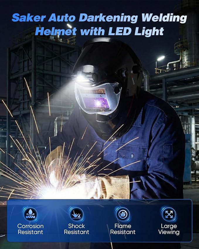 Saker Auto Darkening Welding Helmet with LED Light, 1/1/1/2 Optical Class, True Color View, Solar Powered with 2 Arc Sensors, Shade 9-13 Welding Mask for MIG, TIG, Stick Welding