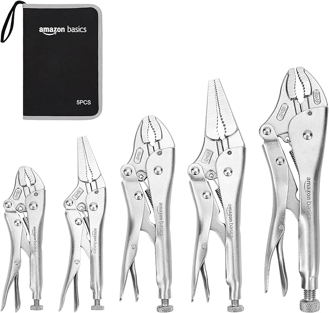 Amazon Basics 5-Piece CR-V Locking Pliers Set with Wire Cutters, 2 Straight Jaw, 3 Curved Jaw, 6.5-10 inch, Silver, Carrying Case