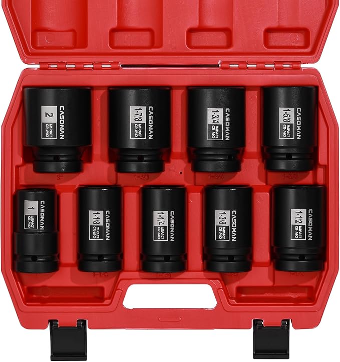 CASOMAN 1-Inch Drive Spindle Axle Nut Impact Socket Set, Deep, 1" to 2", 9PCS Impact Large Socket Set, 6-Point, SAE, CR-MO