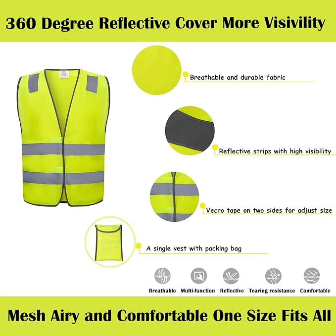 Safety Vests 10 Pack - Yellow Reflective High Visibility Construction ANSI Class 2 Work Vest for Men,Woman,Hi Vis Vest Mesh and Neon Silver Strip