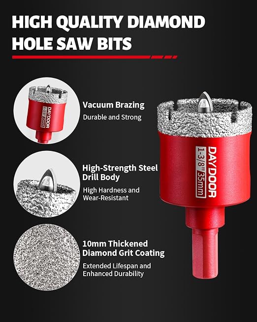 DAYDOOR 1-3/8" Diamond Hole Saw Bits with Pilot Drill Bit-2pcs 35mm Diamond Tile Hole Saw with Guiding Bit for Porcelain Tile Ceramic Pottery Granite Stone Glass Bottles(3/8" Triangle Shank)