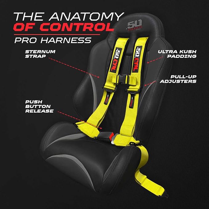 1pc 50 Cal Yellow 4 Point Harness 2in Straps, Racing Harness Seat Belt | Ultra Kush padding, Push Button quick release hardware. Universal Fit for UTV, RZR, race car.
