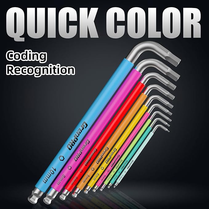 GRENPRO 9PCS Metric Allen Wrenches Sets With Color Coded Bike Hex Key Set | Long Standard Allen Key Set With Color Coding, Flat & Ball Tip Bit, DIY Assembly & Home Bicycle Repair, Corrosion Resistant