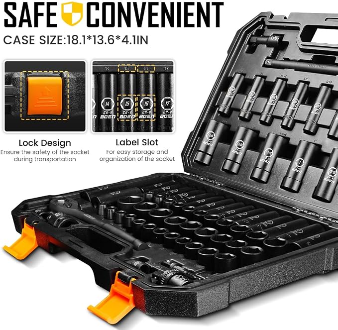 BOEN 1/2" Drive Impact Socket Set, 72 Piece Standard SAE (5/16"-1-1/4") & Metric (8-24 mm), Deep & Shallow Kit | Includes Ratchet Handle & Adapters | 3 ", 5", 10" Extension Bar