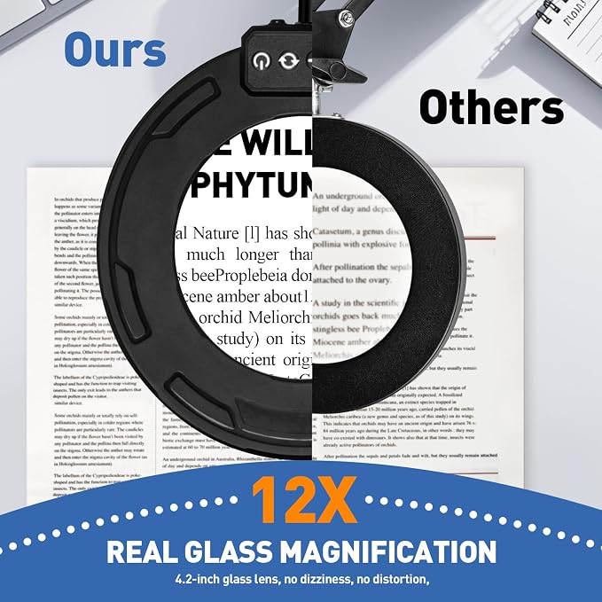 HITTI 12X Ultra Long Magnifying Glass with Light and Clamp