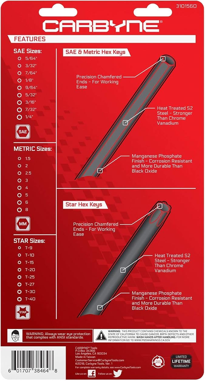 Carbyne 25-Piece Folding Hex (Allen) Key and Torx Wrench Set, SAE/Metric/Torx, S2 Steel, Manganese Phosphate Finish, Metric Hex 1.5-8mm, SAE Hex 5/64"-1/4", Torx T9-T40