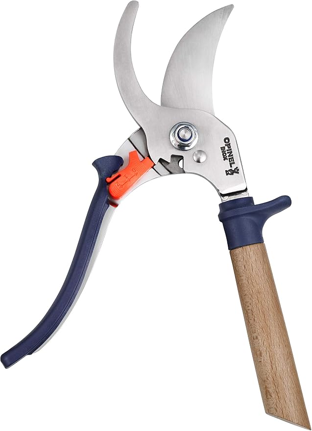 Opinel Hand Pruning Shears with non-slip beech wood handle perfect for bypass trimmers, garden, hedge, lawn clippers or hand scissors with stainless steel blade (Blue)