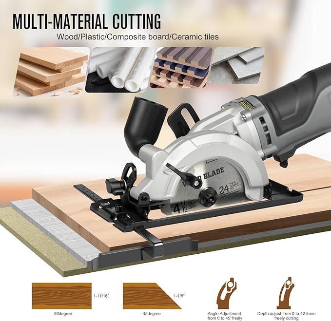 710W Mini Circular Saw, 5200RPM 6Amp Corded Compact Saw with 4-1/2" 24T TCT & 60T HSS Blade, Parallel Guide Ruler, Allen Wrench, Vacuum Adapter, Max Cutting Depth 1-2/3"(90°) 1''(45°)