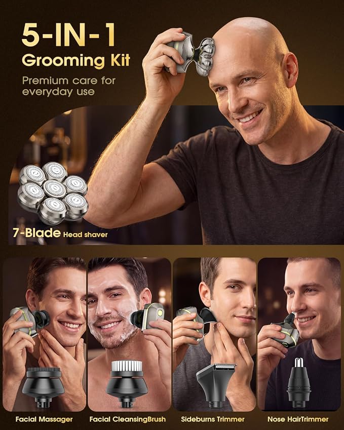 7D Electric Head Shavers for Bald Men, Waterproof Wet & Dry Electric Razor, 5-in-1 Grooming Kit for Home & Travel, Head Shaver with LED Display, 120 Min, Great Gift for Men-Steel Gold