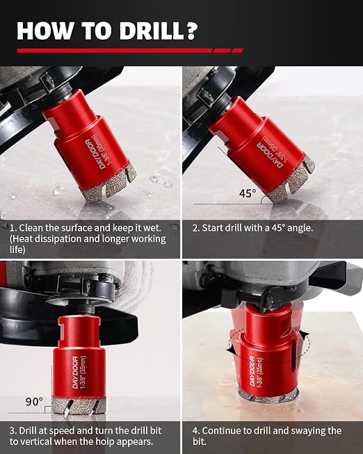 DAYDOOR Diamond Hole Saw Kit, 15-Piece Tile Hole Saw Kit 1/4" 5/16" 4/5" 1" 1-3/8" 2" 3" 4",Vacuum Brazed Core Drill Bits for Porcelain Tile, Granite, Marble, Stone(Red)